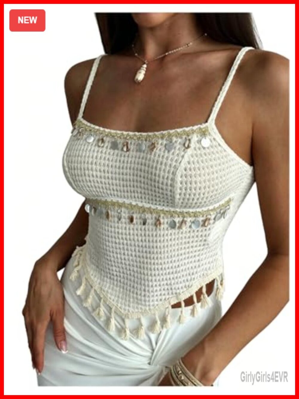 SHENHE Seashell Fringe Spaghetti Strap Boho Asymmetrical Crop Tank Top